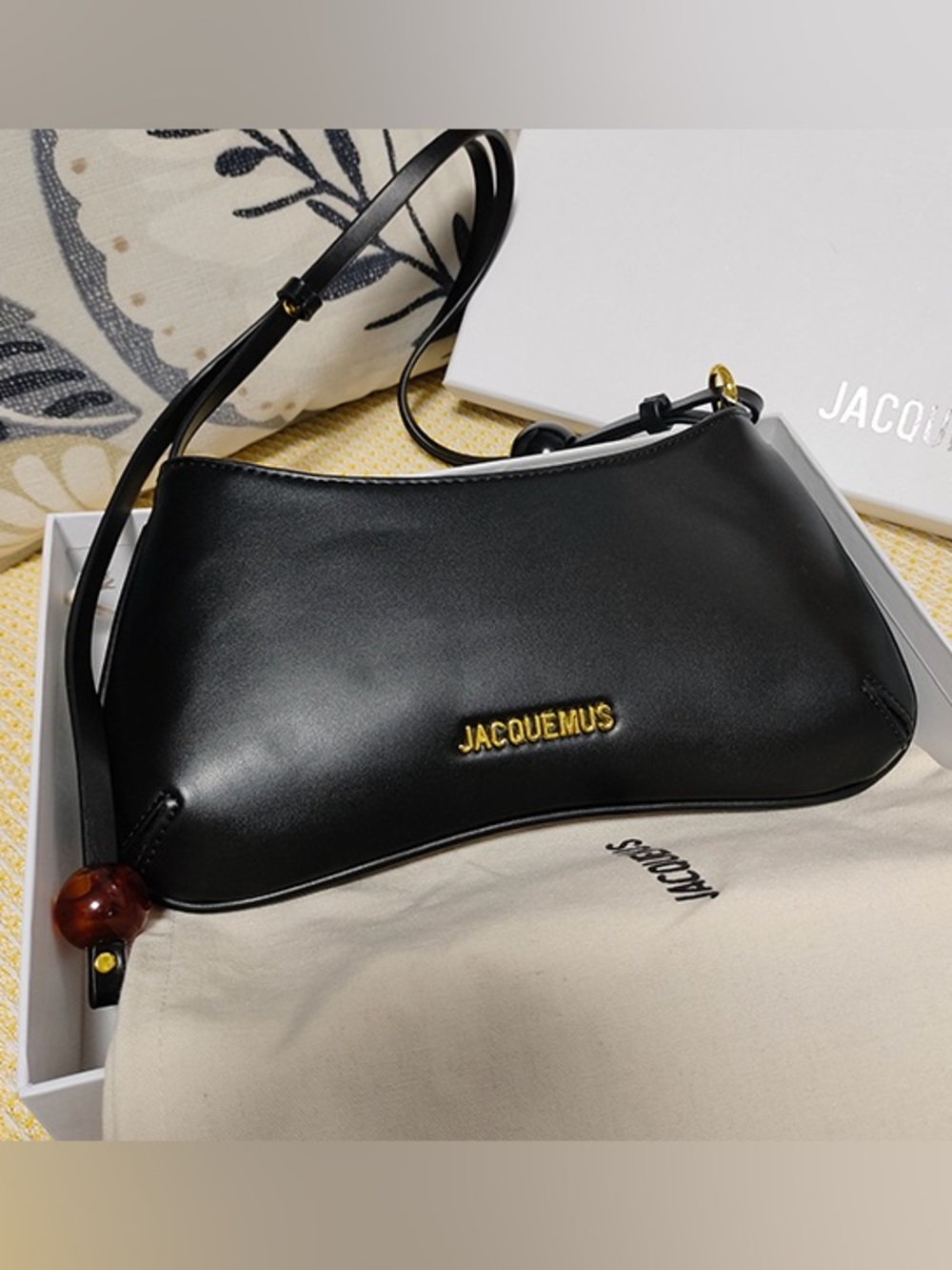 Jacquemus Black Leather Shoulder Bag with Gold Logo